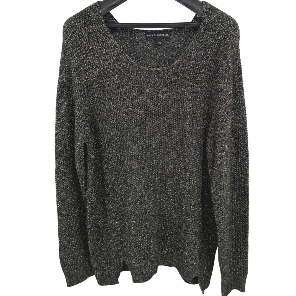Rock & Republic Black Gold Metallic Knit Long Sleeve Sweater Women's Large Y2K